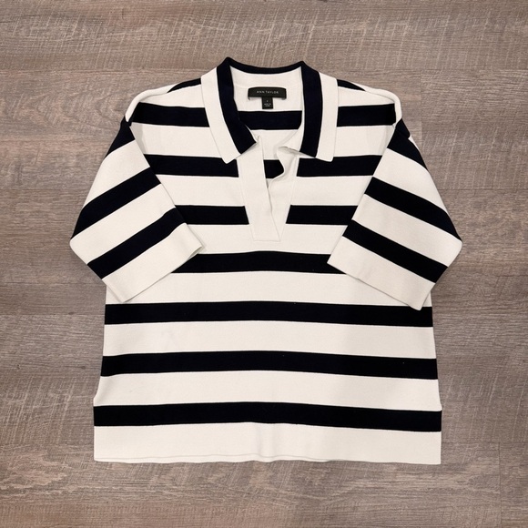 Ann Taylor Tops - Ann Taylor Navy White Striped Polo Sweater Small Short Sleeve Knit